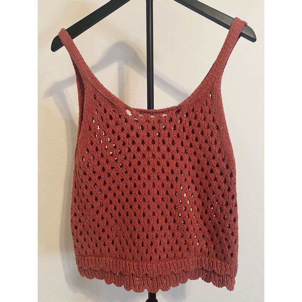 MNG Mango Women’s Rust Orange Open-Knit Crochet Sleeveless Scoop Neck Top Sz M